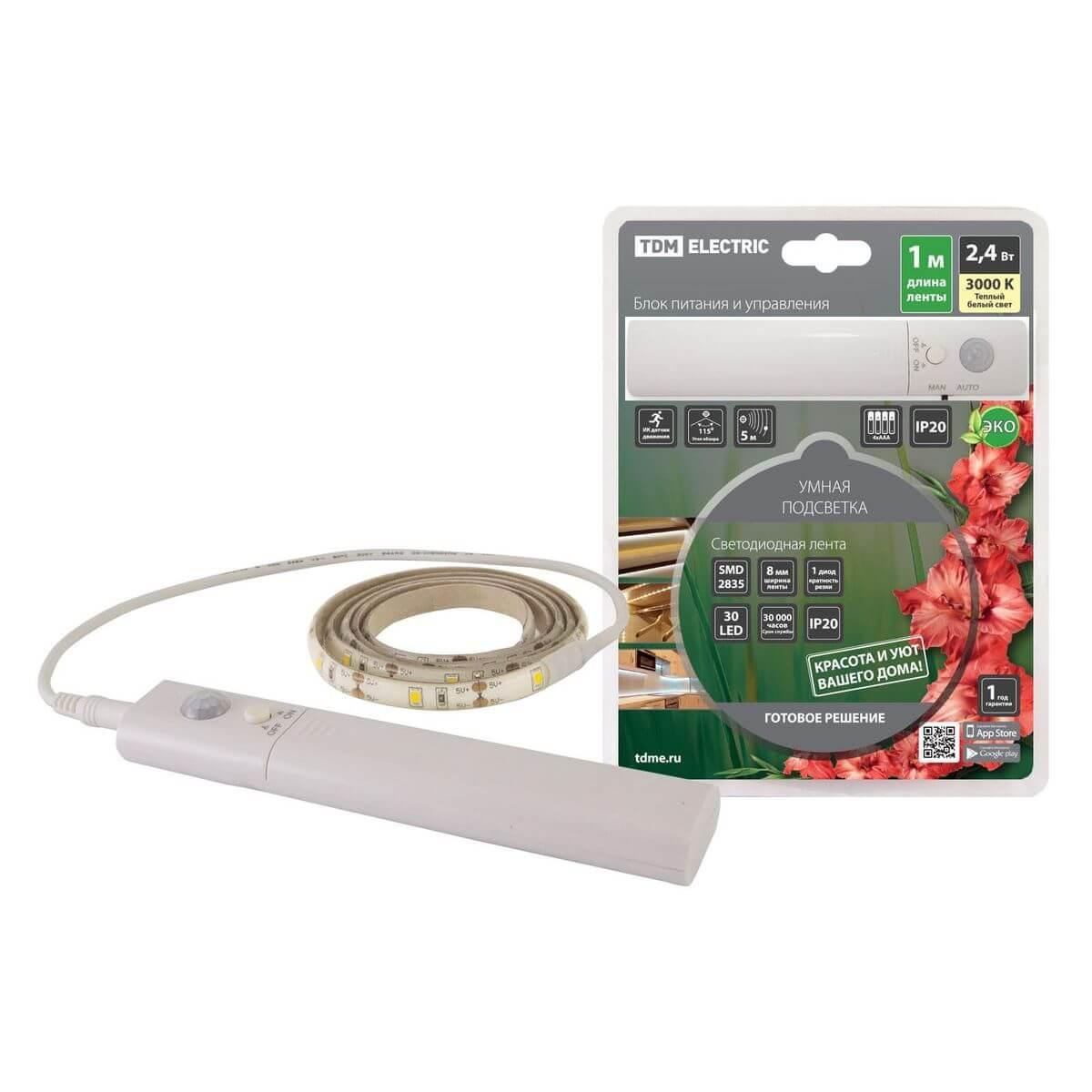 Светодиодная лента TDM Electric 2,4W/m 30LED/m 2835SMD теплый белый 1M SQ0331-0502 Светодиодная лента TDM Electric 2,4W/m 30LED/m 2835SMD теплый белый 1M SQ0331-0502