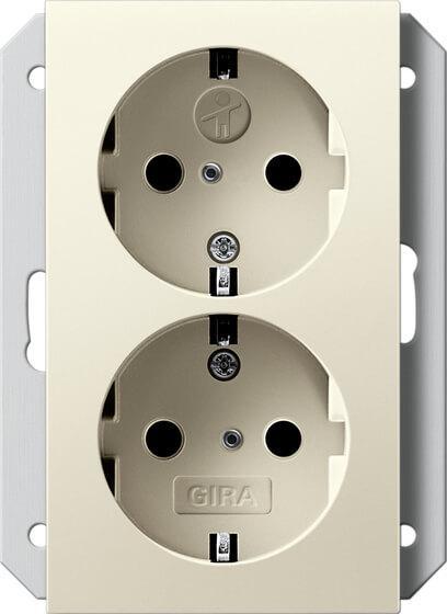 Розетка двойная Gira System 55 Schuko с/з со шторками 16A 250V безвинтовой зажим кремовый глянцевый 273101