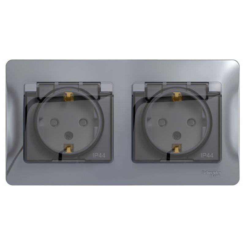 Розетка двойная 2К+З Schneider Electric Glossa 16A 250V со шторками алюминий GSL000347