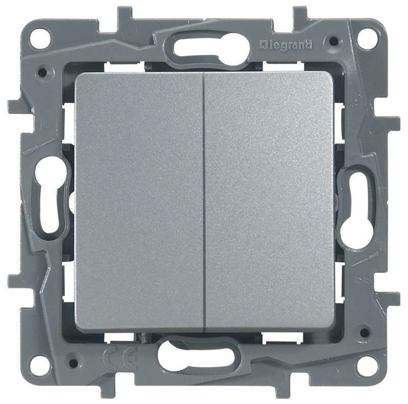 Переключатель двухклавишный Legrand Etika 10A 250V алюминий 672412 Переключатель двухклавишный Legrand Etika 10A 250V алюминий 672412