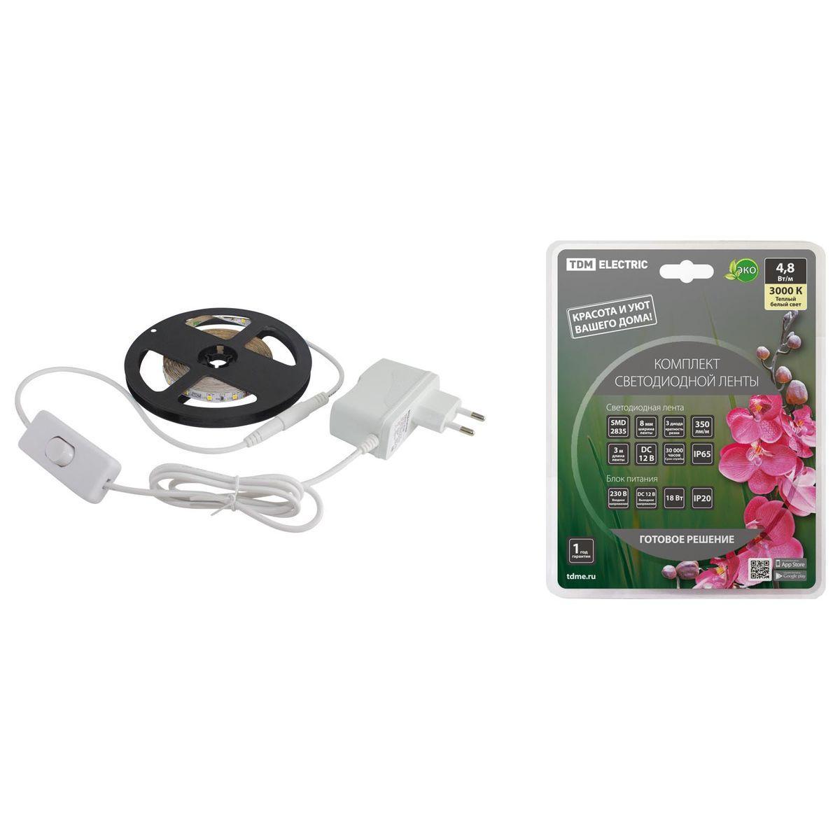 Светодиодная влагозащищенная лента TDM Electric 4,8W/m 60LED/m 2835SMD теплый белый 3M SQ0331-0230 Светодиодная влагозащищенная лента TDM Electric 4,8W/m 60LED/m 2835SMD теплый белый 3M SQ0331-0230