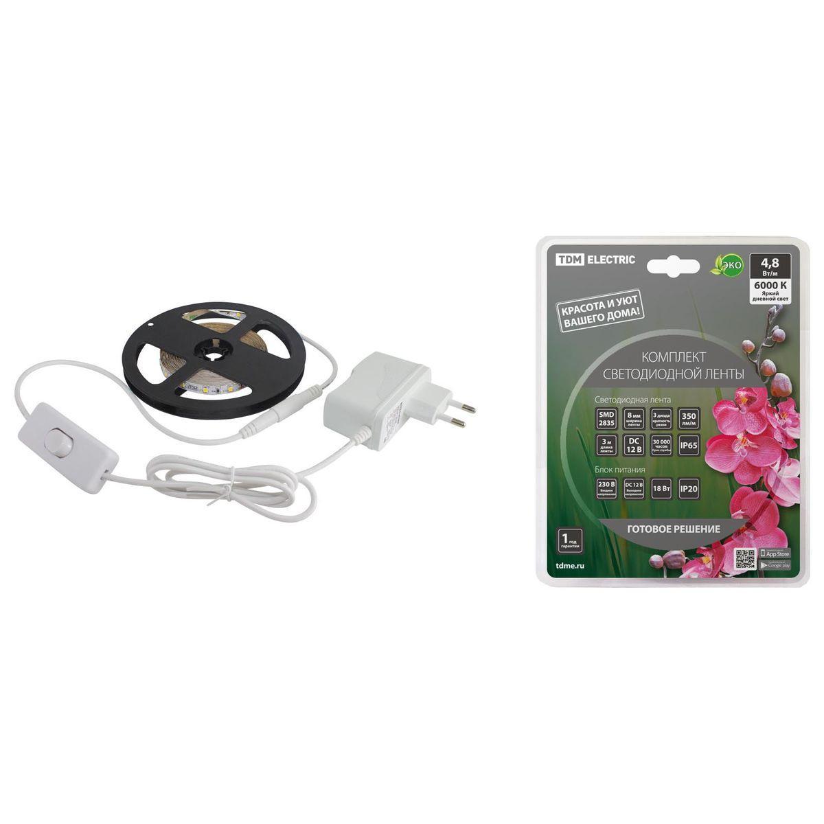 Светодиодная влагозащищенная лента TDM Electric 4,8W/m 60LED/m 2835SMD холодный белый 3M SQ0331-0233 Светодиодная влагозащищенная лента TDM Electric 4,8W/m 60LED/m 2835SMD холодный белый 3M SQ0331-0233