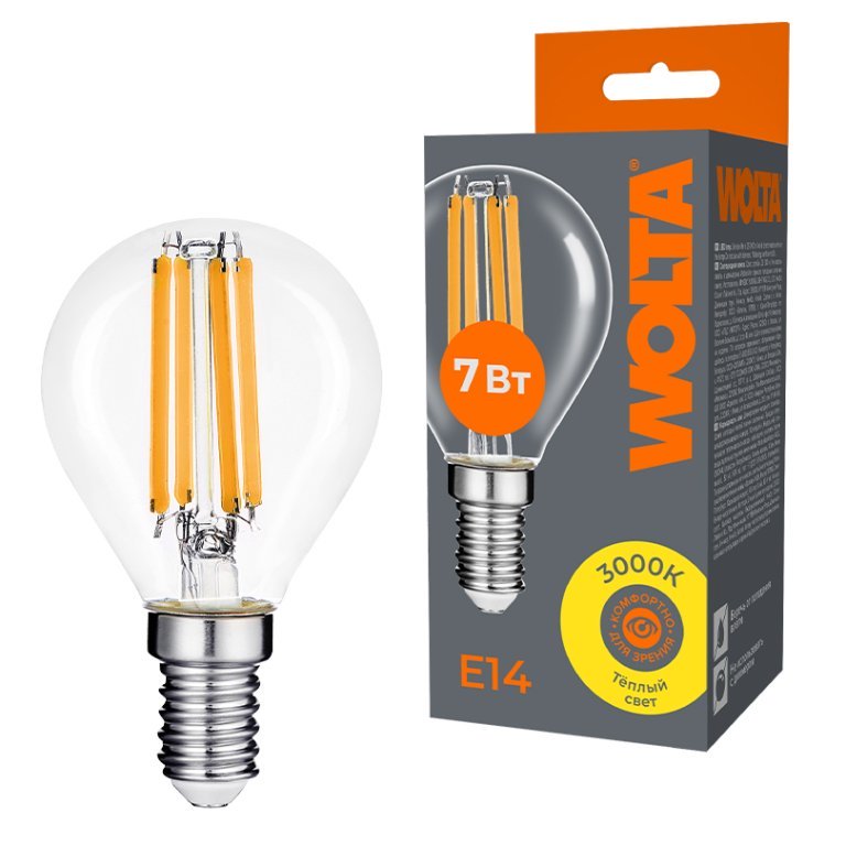 Лампа светодиодная филаментная WOLTA 7Вт 3000K Е14 шар прозрачный WF-G45-7W3KE14