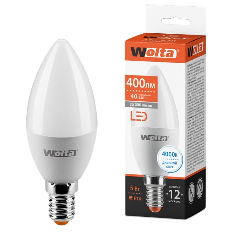 Светодиодная лампа WOLTA 5Вт 4000K E14 свеча матовая 25SC5E14