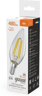 Светодиодная филаментная лампа Gauss Basic Filament E14 4W 3000K свеча 50312142