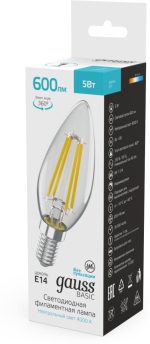 Светодиодная филаментная лампа Gauss Basic Filament E14 5W 4000K свеча 50312252