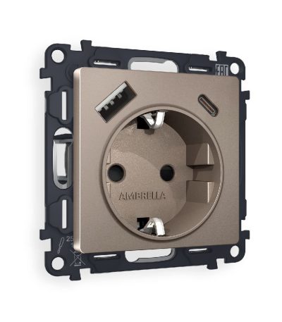 Комплект механизма розетки 2USB A+C 20W (быстрая зарядка) с/з Ambrella Volt Alfa MA640010