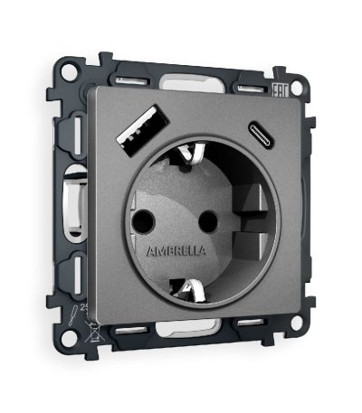 Комплект механизма розетки 2USB A+C 20W (быстрая зарядка) с/з Ambrella Volt Alfa MA660010