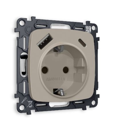 Комплект механизма розетки 2USB A+C 20W (быстрая зарядка) с/з Ambrella Volt Omega MO370010