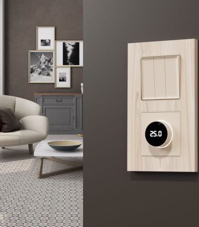 Комплект механизма терморегулятора с цифровым дисплеем с подсветкой и датчиком для теплого пола Alfa Бежевый матовый Quant Ambrella Volt MA325810 (AP3258, VM1385)
