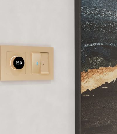 Комплект механизма терморегулятора с цифровым дисплеем с подсветкой и датчиком для теплого пола 16A-250V Alfa Шампань Quant Ambrella Volt MA605810 (AP6058, VM1385)