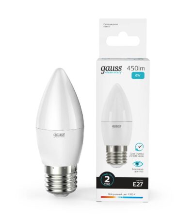Лампа cветодиодная Gauss E27 6W 4100K свеча матовая 33226