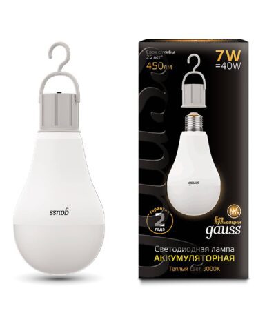 Лампа светодиодная аккумуляторная Gauss E27 7W 3000K матовая 102402107
