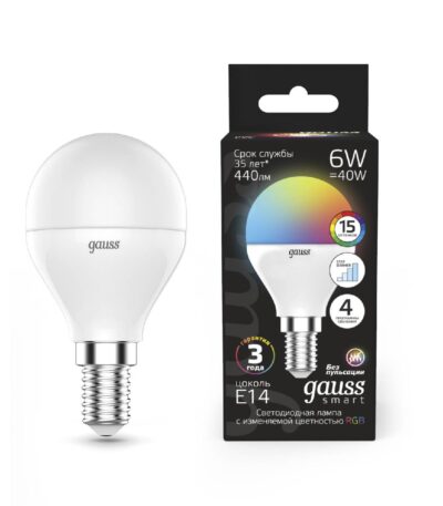 Лампа светодиодная диммируемая Gauss E14 6W RGBW груша матовая 105101406