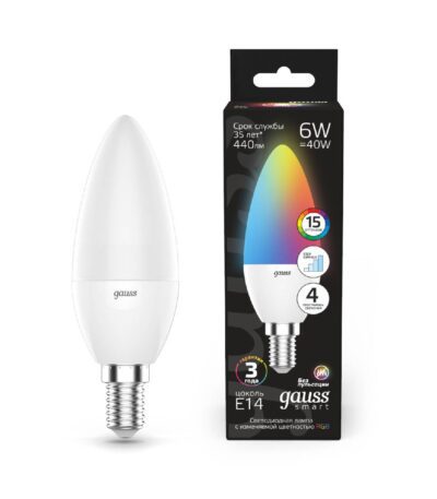 Лампа светодиодная диммируемая Gauss E14 6W RGBW свеча матовая 103101406