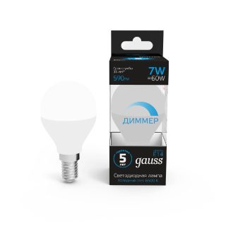 Лампа светодиодная диммируемая Gauss E14 7W 6500K шар матовый 105101307-D