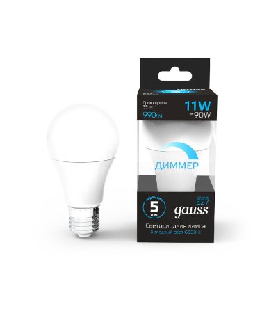 Лампа светодиодная диммируемая Gauss E27 11W 6500К груша матовая 102502311-D
