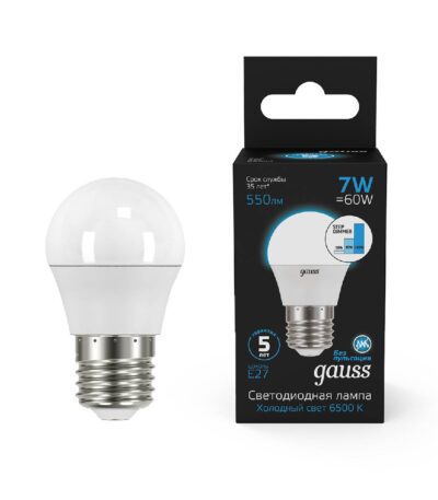 Лампа светодиодная диммируемая Gauss E27 7W 6500K шар матовый 105102307-S