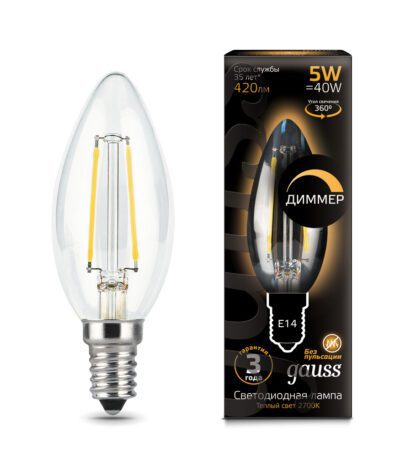 Лампа светодиодная диммируемая Gauss филаментная E14 5W 2700К прозрачная 103801105-D
