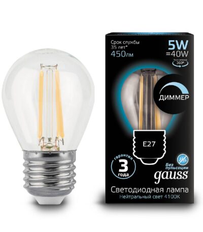 Лампа светодиодная диммируемая Gauss филаментная E27 5W 4100К прозрачная 105802205-D