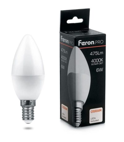 Лампа светодиодная Feron E14 6W 4000K свеча матовая LB-1306 38045