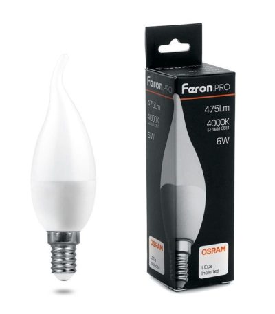 Лампа светодиодная Feron E14 6W 4000K свеча на ветру матовая LB-1306 38048