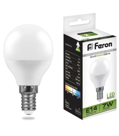 Лампа светодиодная Feron E14 7W 4000K Шар Матовая LB-95 25479