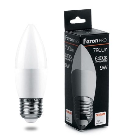 Лампа светодиодная Feron Pro E27 9W 6400K свеча матовая LB-1309 38064