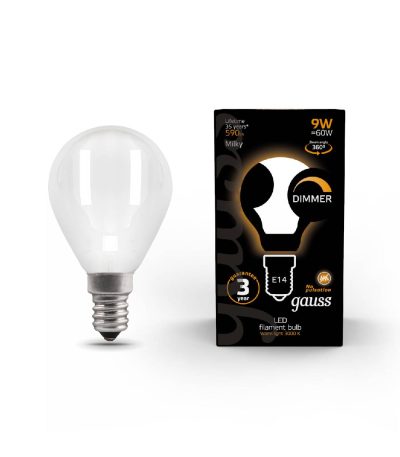 Лампа светодиодная филаментная диммируемая Gauss E14 9W 3000К матовая 105201109-D