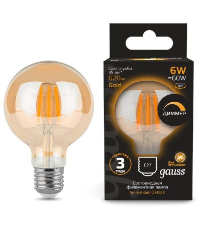 Лампа светодиодная филаментная диммируемая Gauss E27 6W 2400K груша золотая 105802006-D