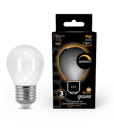 Лампа светодиодная филаментная диммируемая Gauss E27 9W 3000К матовая 105202109-D