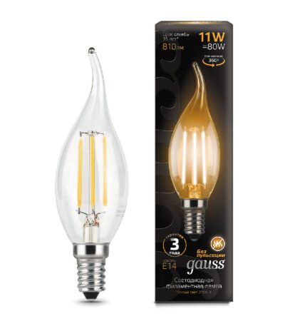 Лампа светодиодная филаментная Gauss E14 11W 2700К прозрачная 104801111