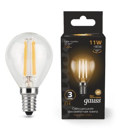 Лампа светодиодная филаментная Gauss E14 11W 2700К прозрачная 105801111