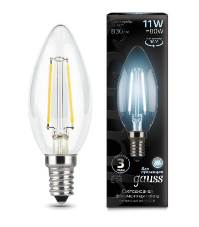 Лампа светодиодная филаментная Gauss E14 11W 4100К прозрачная 103801211