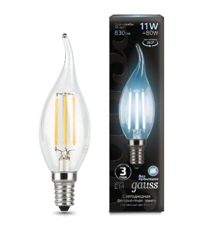 Лампа светодиодная филаментная Gauss E14 11W 4100К прозрачная 104801211