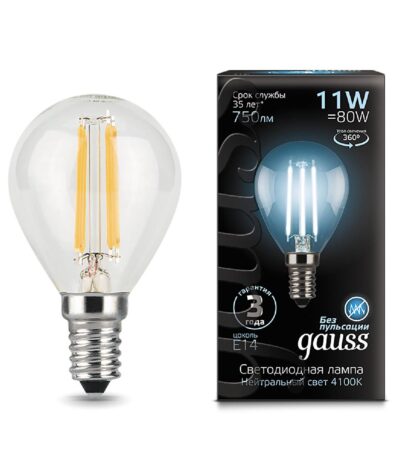 Лампа светодиодная филаментная Gauss E14 11W 4100К прозрачная 105801211