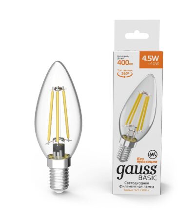 Лампа светодиодная филаментная Gauss E14 4,5W 2700К прозрачная 1031115