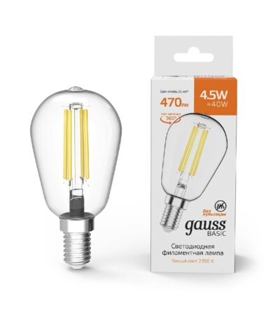 Лампа светодиодная филаментная Gauss E14 4,5W 2700K прозрачная 1141115