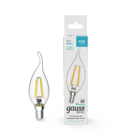 Лампа светодиодная филаментная Gauss E14 4,5W 4100К прозрачная 1041125