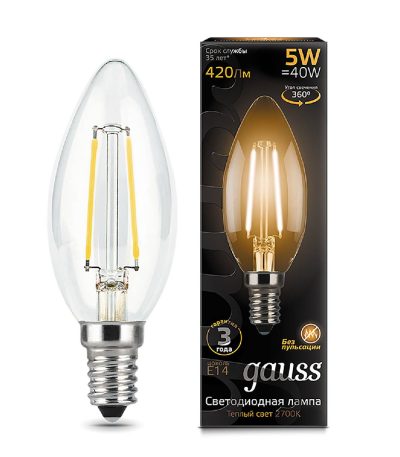 Лампа светодиодная филаментная Gauss E14 5W 2700К прозрачная 103801105