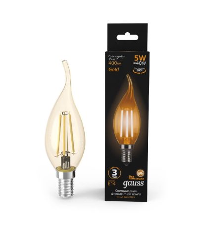 Лампа светодиодная филаментная Gauss E14 5W 2700K золотая 104801005