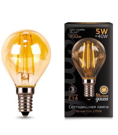 Лампа светодиодная филаментная Gauss E14 5W 2700К золотая 105801005