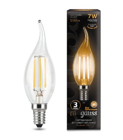 Лампа светодиодная филаментная Gauss E14 7W 2700К прозрачная 104801107