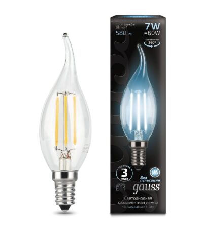 Лампа светодиодная филаментная Gauss E14 7W 4100К прозрачная 104801207