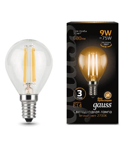 Лампа светодиодная филаментная Gauss E14 9W 2700К прозрачная 105801109