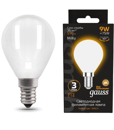 Лампа светодиодная филаментная Gauss E14 9W 3000К матовая 105201109