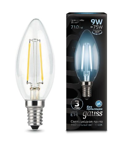 Лампа светодиодная филаментная Gauss E14 9W 4100К прозрачная 103801209