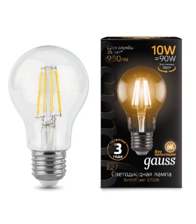 Лампа светодиодная филаментная Gauss E27 10W 2700К прозрачная 102802110