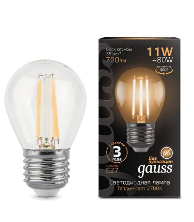 Лампа светодиодная филаментная Gauss E27 11W 2700K прозрачная 105802111