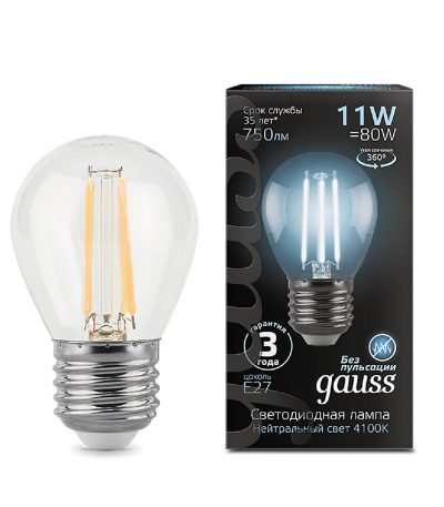 Лампа светодиодная филаментная Gauss E27 11W 4100K прозрачная 105802211